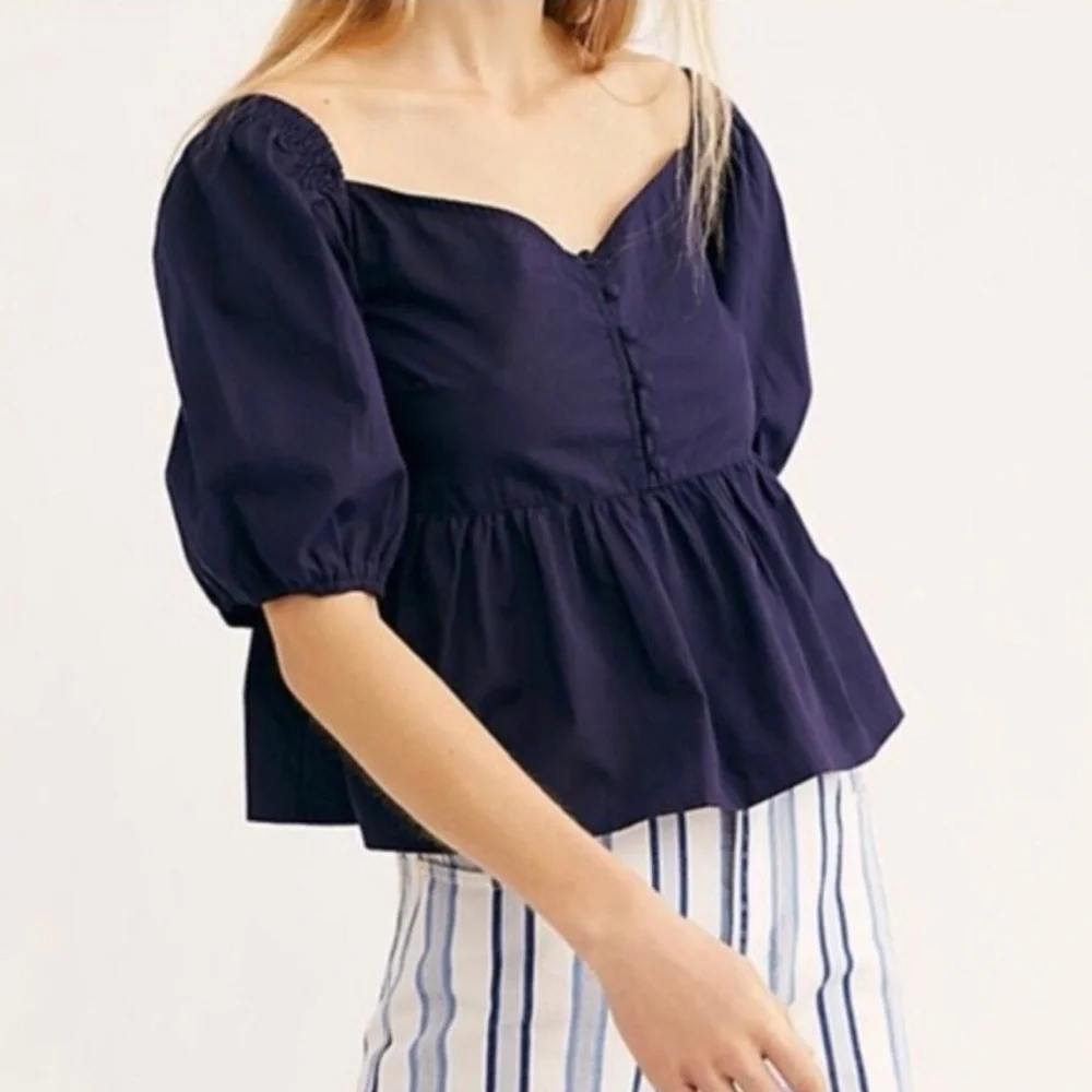 Free People Veronica Navy Blue Puff Sleeve Peplum Crop Top in Night Sky Sz Small